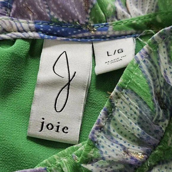 Joie Top Blouse Womens Large Green Floral Ruffles Lined Bloom Cottage Cap Sleeve - Picture 8 of 8